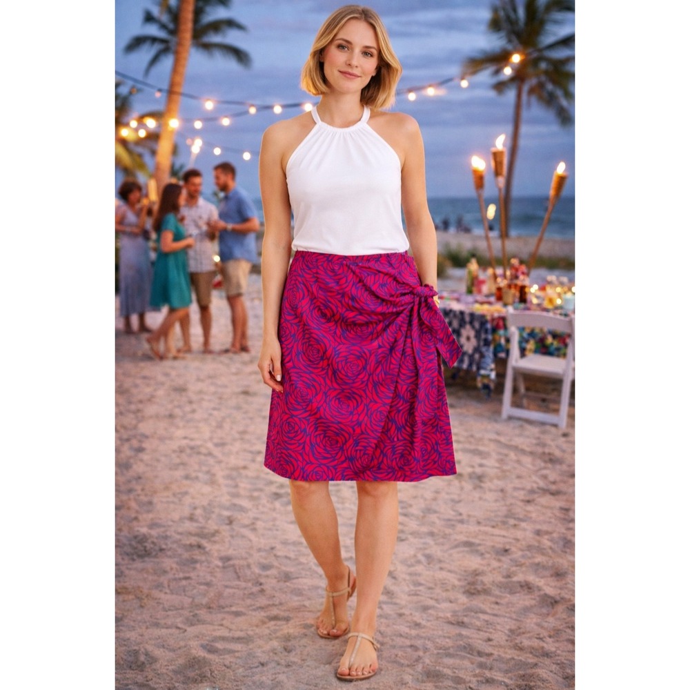 Boden Wrap Skirt Red Purple Rose Tie Waist Women US 16R‎ 100% Cotton (M676)